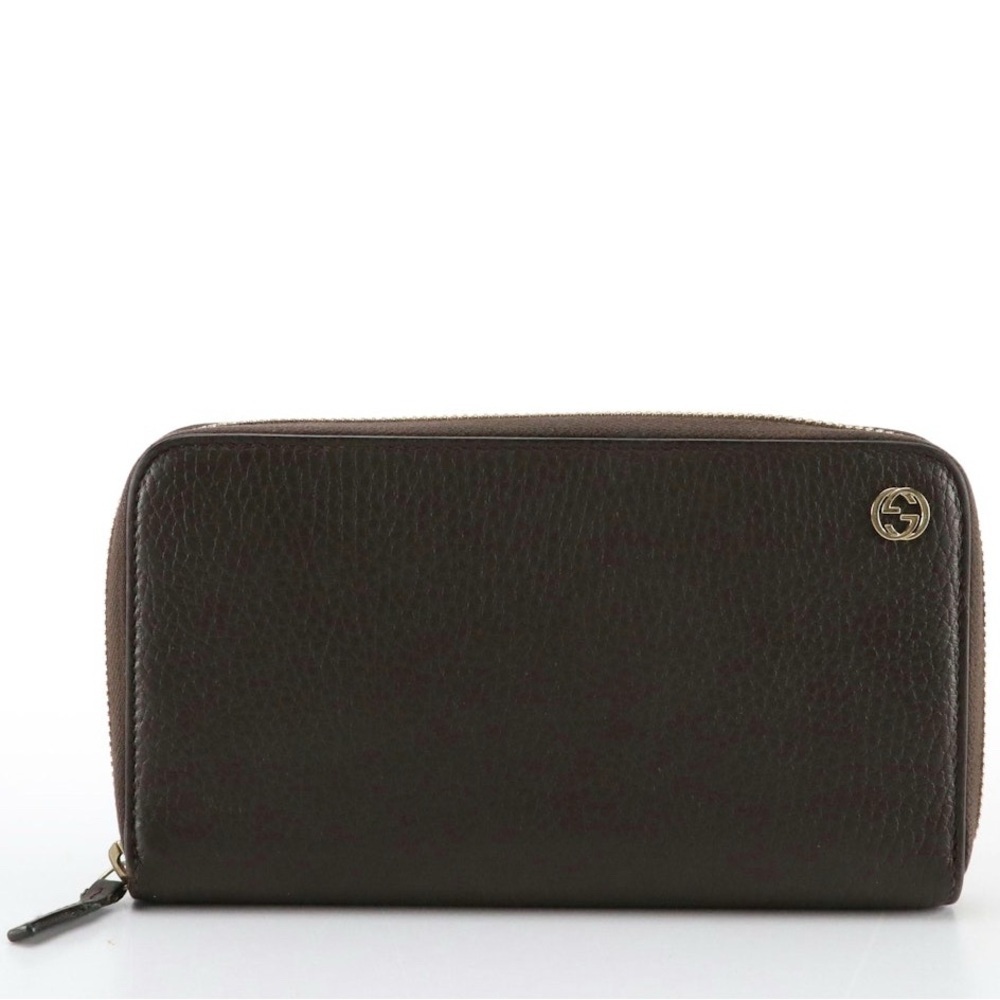 Gucci Dark Brown Grained Leather Zip- Around Wallet in Box